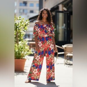 True Destiny Plus Size 1X Off Shoulder Tropical Wide Leg Jumpsuit Red Flora